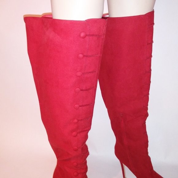 Just Fab Over the Knee Boots Womens Size 10 Solid Red Button Detail Platform Sid - Picture 2 of 16